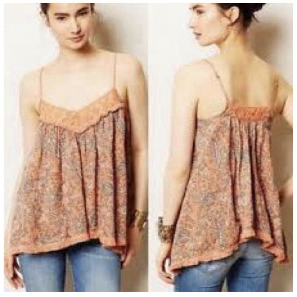 Anthropologie Lilka Fringe Swing Tank Print Strap Asymmetrical Embroidery Top XS